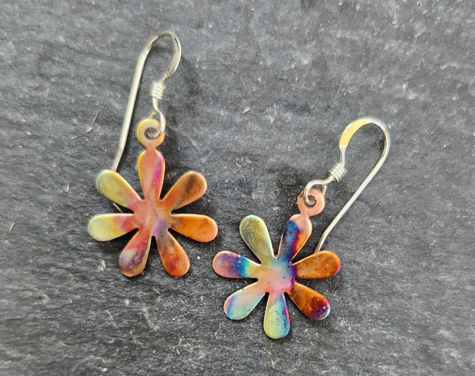 Flame painted copper flower earrings