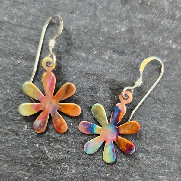 Flame painted copper flower earrings