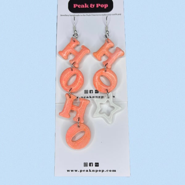 Pink Glitter HOHOHO Statement Christmas Earrings – Festive Dangle Letters – Hand