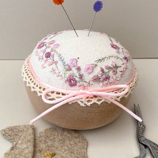 Pincushion, hand embroidered large pin cushion, sewing room keepsake gift 