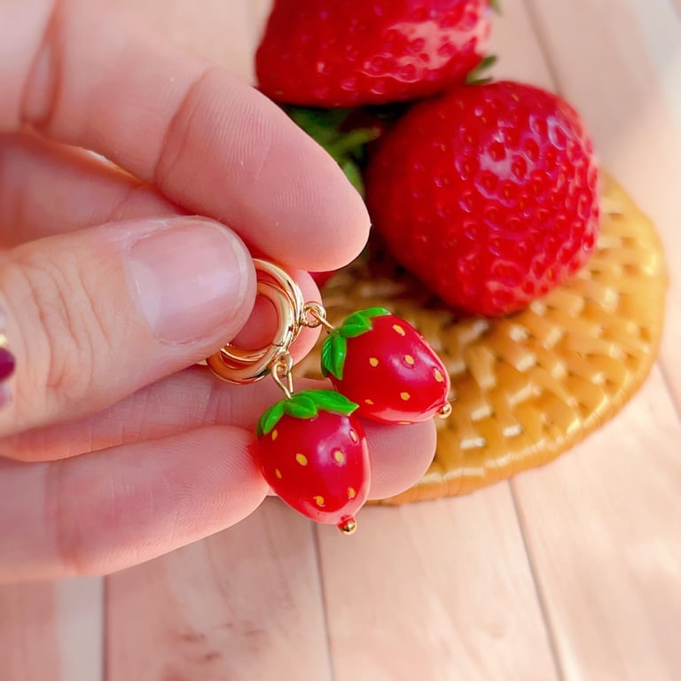 Realistic Strawberry Hoop Earrings, Cute Summer Fruit Jewellery, Foodie Gift Her