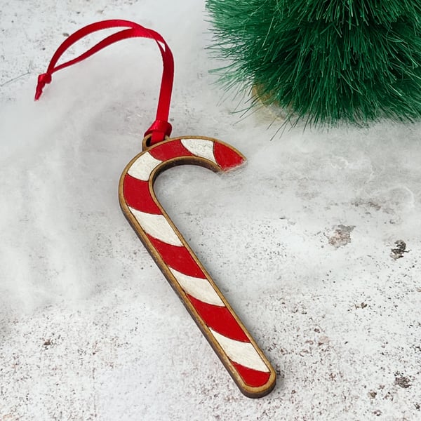 Candy cane decoration, red striped hand painted hanging decoration