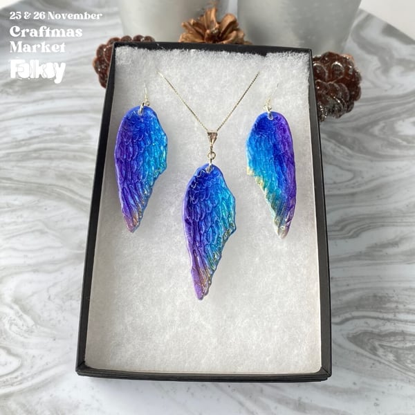 Angel wing feather gift set hand painted polymer clay and resin.