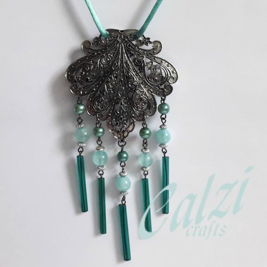 Upcycled Ornate Buckle Boho Necklace-Turquoise