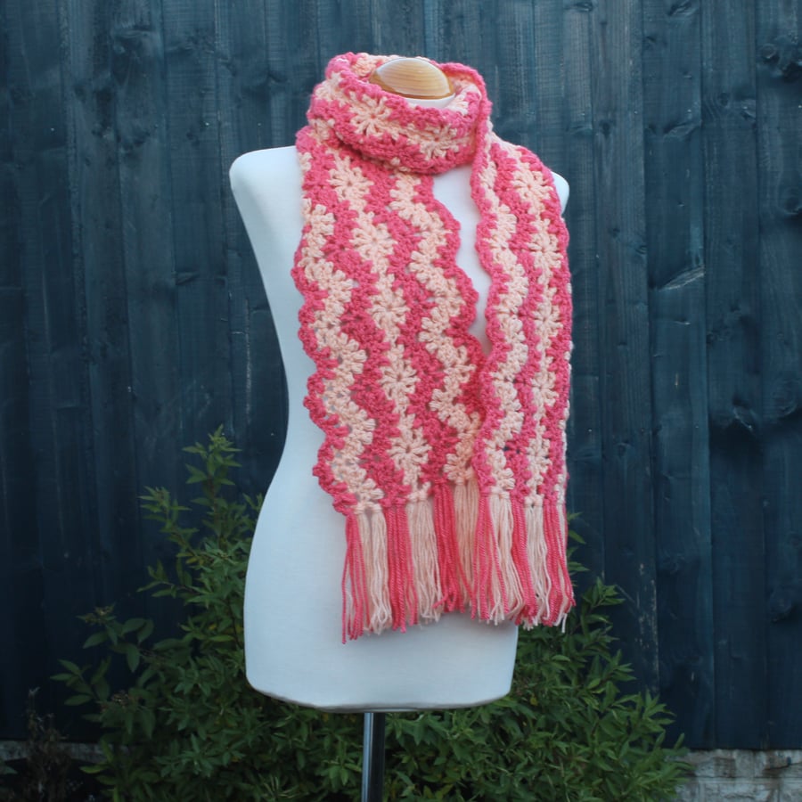 Crochet Stripey Scarf in Peach and Watermelon