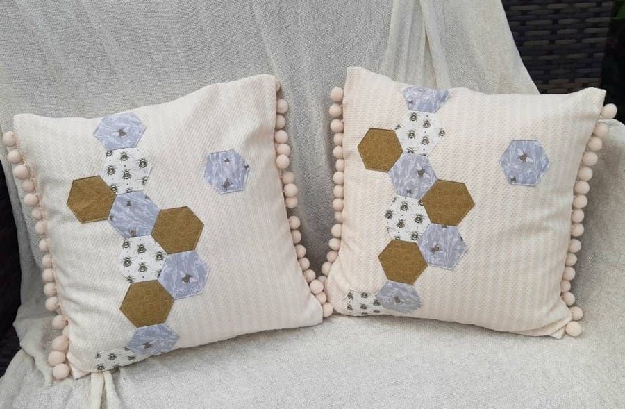 Handcrafted Cushions (a pair) in beehive inspired patchwork design