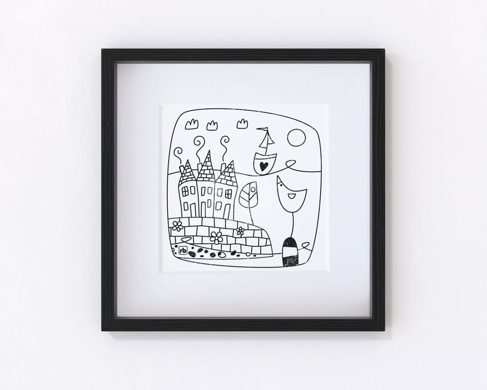 On The Horizon, line drawing harbour and sailing boat illustration, Giclee print