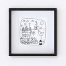 On The Horizon, line drawing harbour and sailing boat illustration, Giclee print