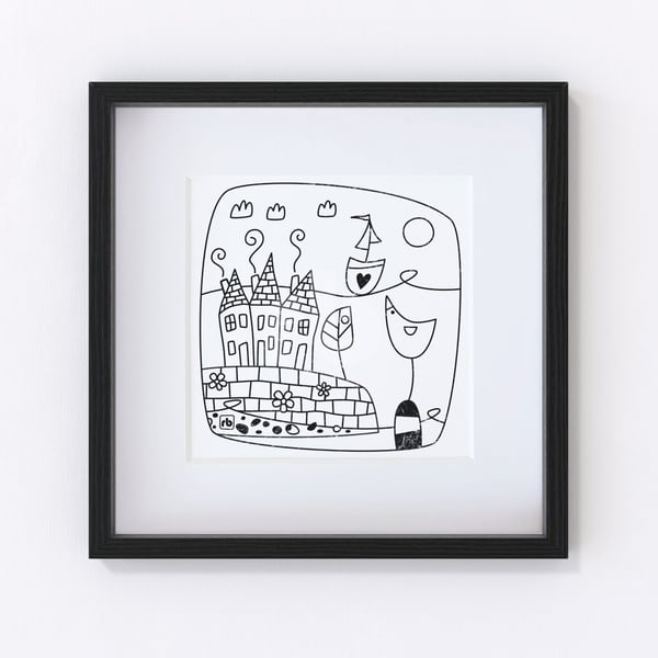On The Horizon, line drawing harbour and sailing boat illustration, Giclee print
