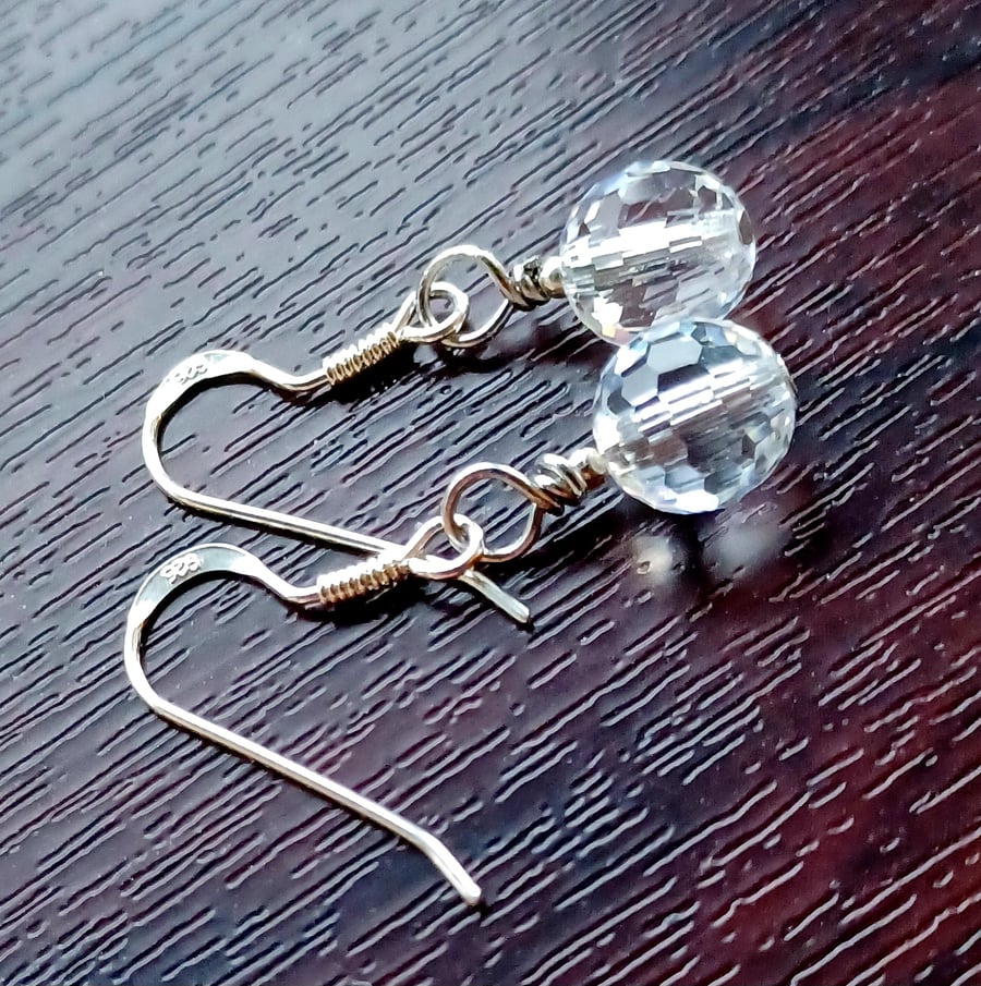 Clear Crystal Pierced Earrings with 925 Silver Wires, Short Drops, Elegant