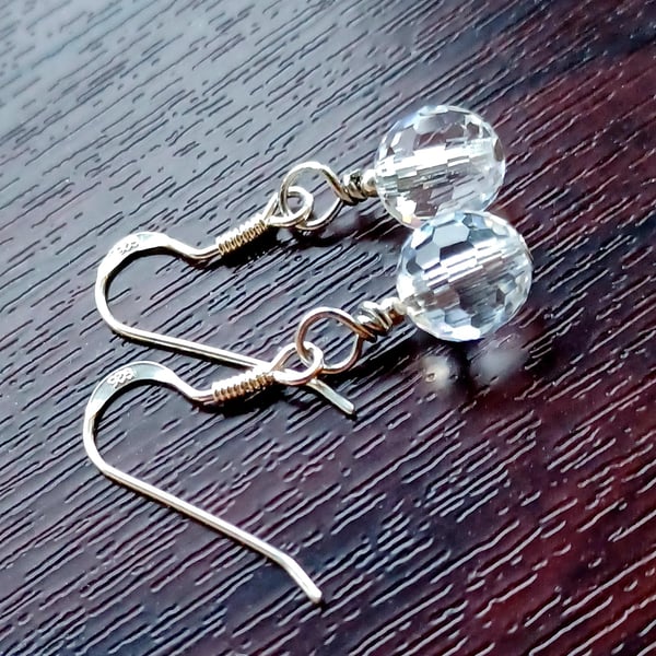 Clear Crystal Pierced Earrings with 925 Silver Wires, Short Drops, Elegant