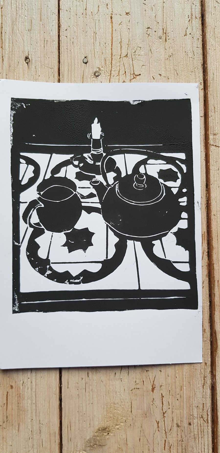 Drinking tea by candlelight - Original linocut
