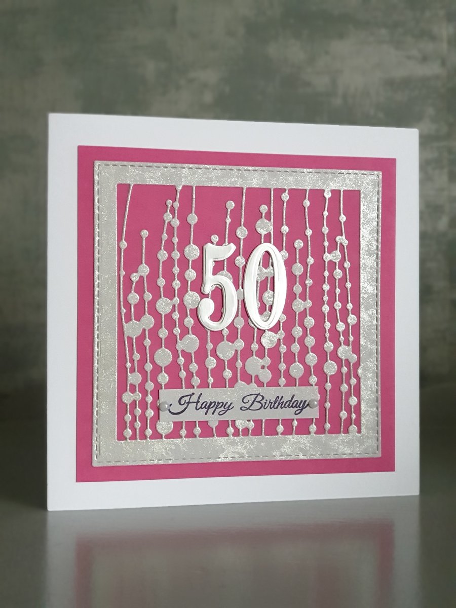 Pink & Silver 50th Birthday Card 