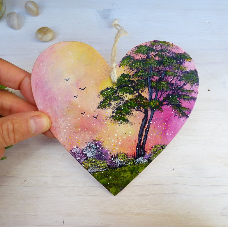 Fantasy Tree Hand Painted Wooden Heart, Nature Gift 