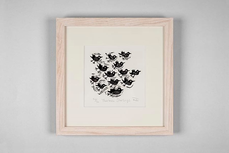 Lino Print - Thirteen Starlings - bird art, bird print, 