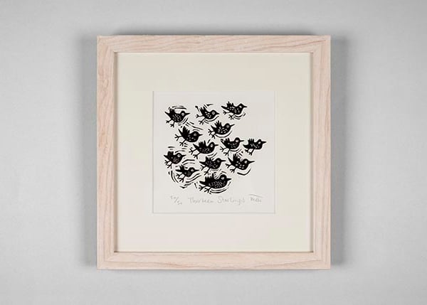 Lino Print - Thirteen Starlings - bird art, bird print, 