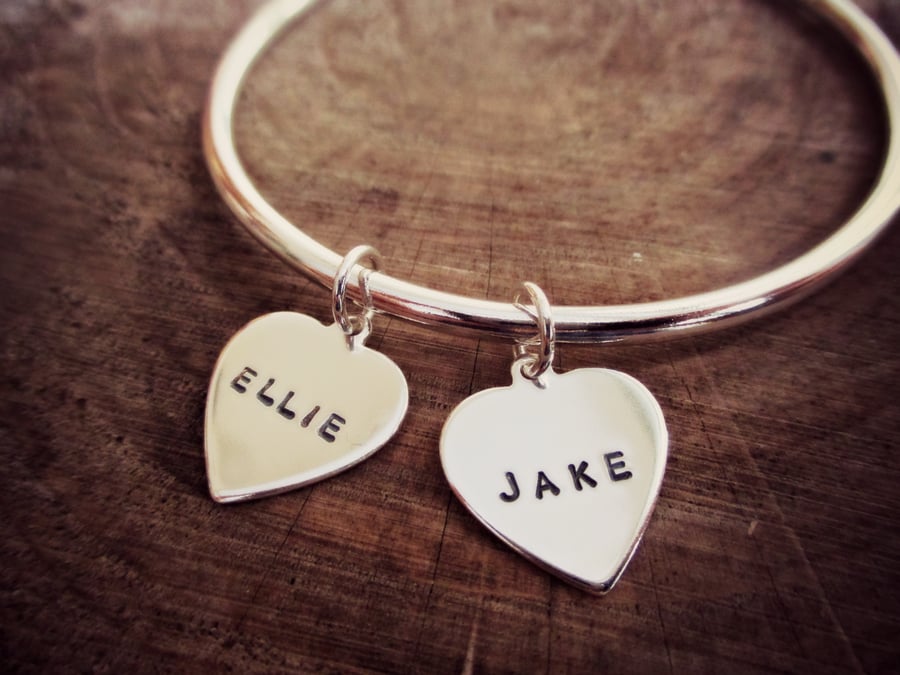 BEAT (AS ONE) - Heart charm bangle, Sterling Silver, personalised jewellery