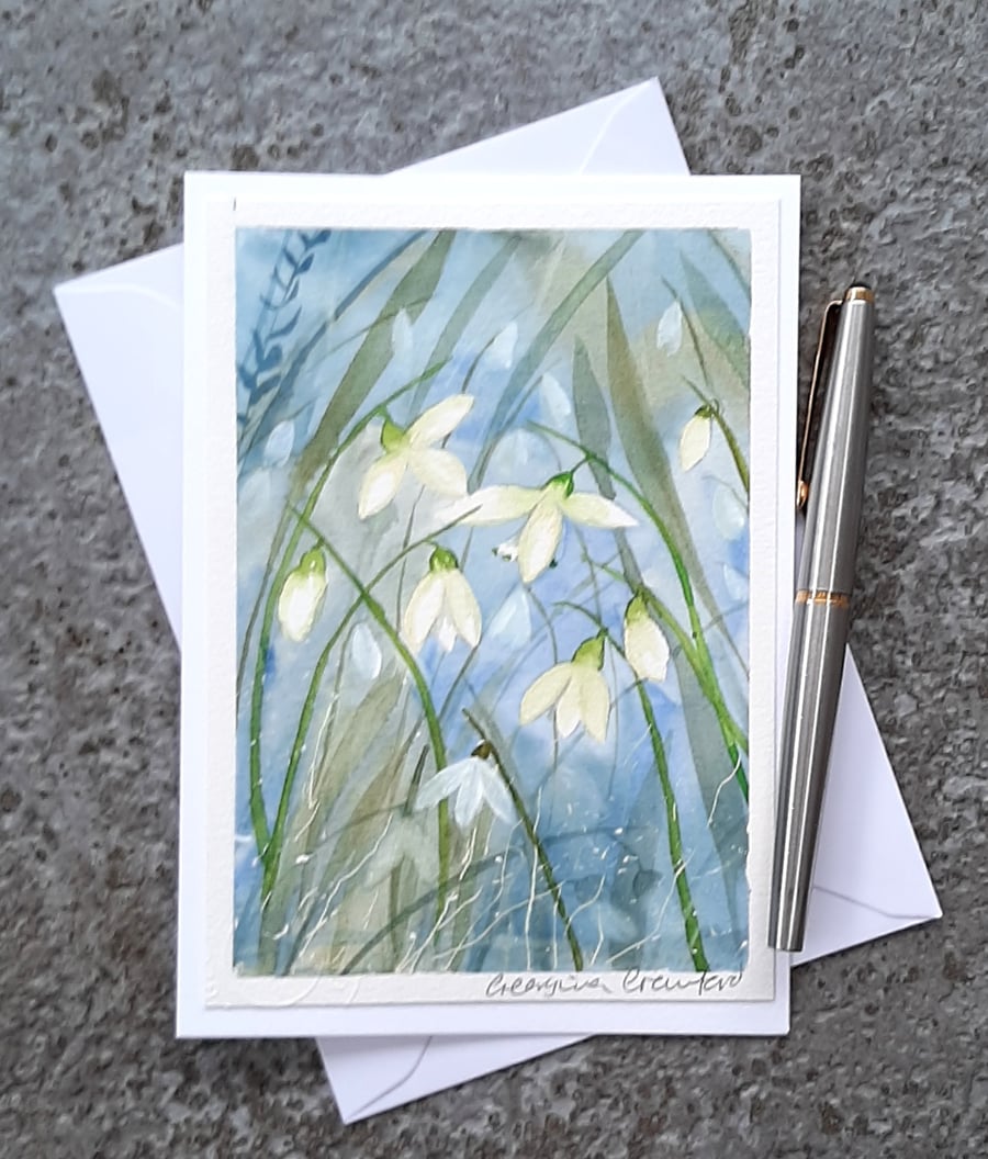 Snowdrops. Handpainted Watercolour. Blank Card. Snow