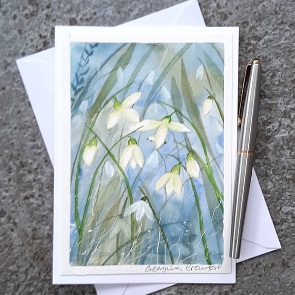 Snowdrops. Handpainted Watercolour. Blank Card. Snow