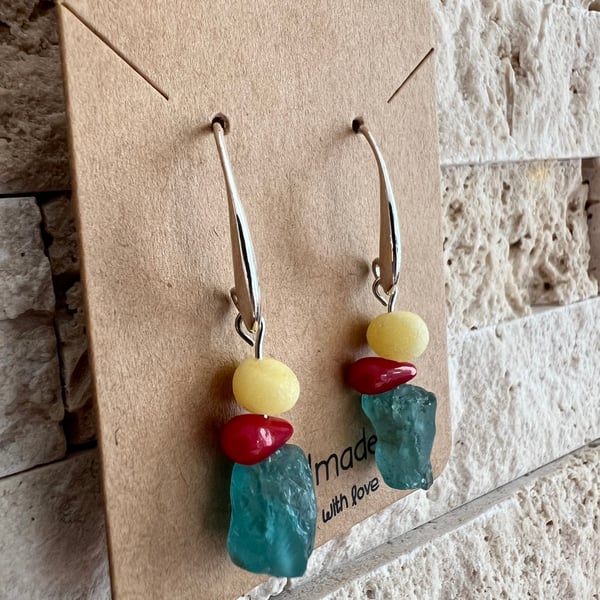 Raw apatite,amber,coral drop earrings 