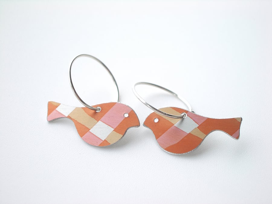 Bird earrings in orange checks
