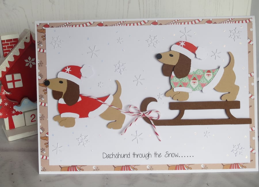 Dachshund through the Snow Handcrafted Christmas card