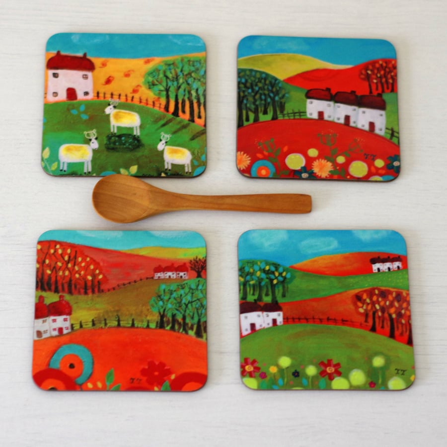 Red and Green Landscape Coasters with Art Prints