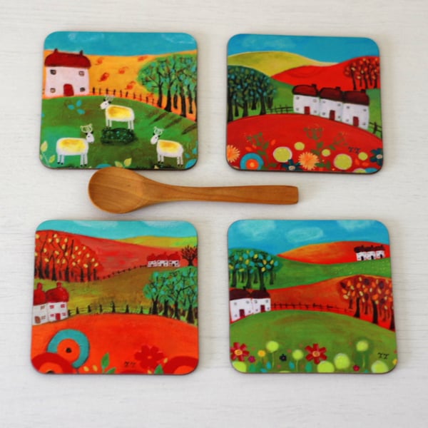 Red and Green Landscape Coasters with Art Prints