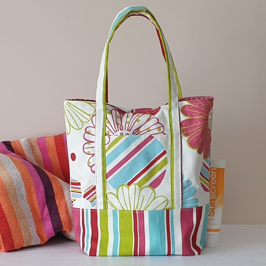 Handmade Tote Bag Bright Floral Stripe