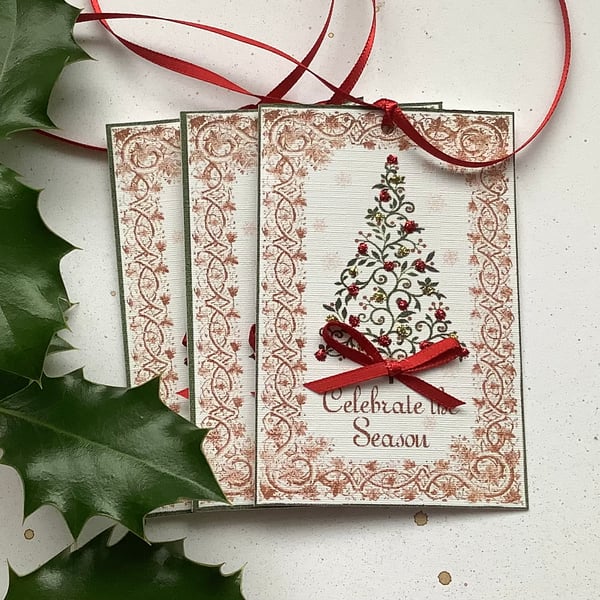 CHRISTMAS GIFT TAGS  ( set of 3) ' Celebrate.....'..Tree. Red . Traditional.