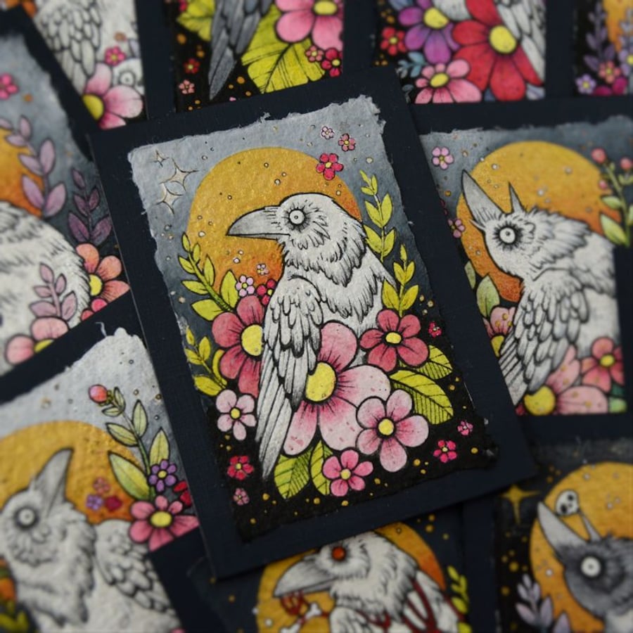 white raven in spring blossom - original aceo illustration