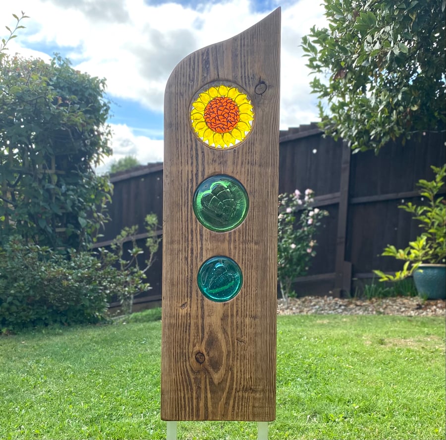 Fused Glass & Reclaimed Wood Sunflower Garden Art 