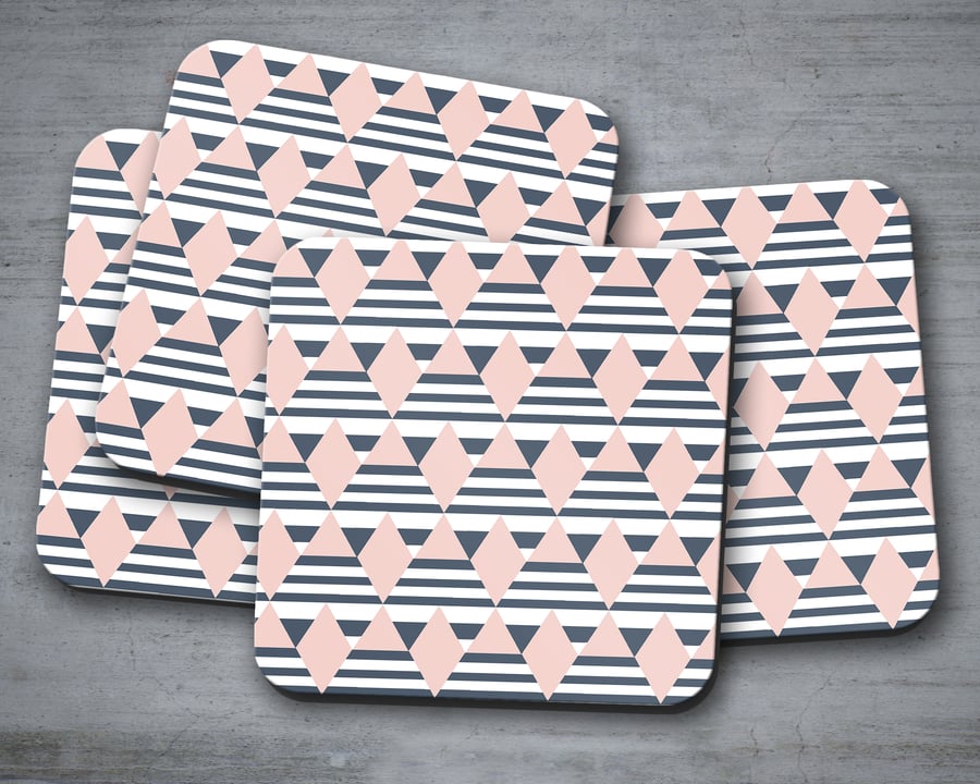 Set of 4 Navy Blue and White with Pink Diamond Design Coasters