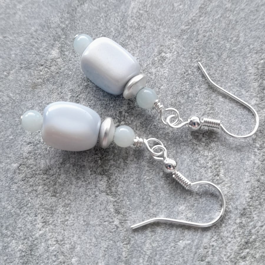  Blue Opal and Amazonite Drop Earrings Silver Plate