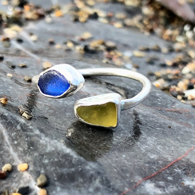 Yellow & Blue Sea Glass and Sterling Silver Spiral Adjustable Ring - 1225
