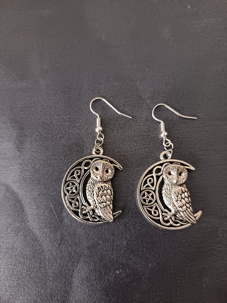 Silver owl and moon charm dangle earrings