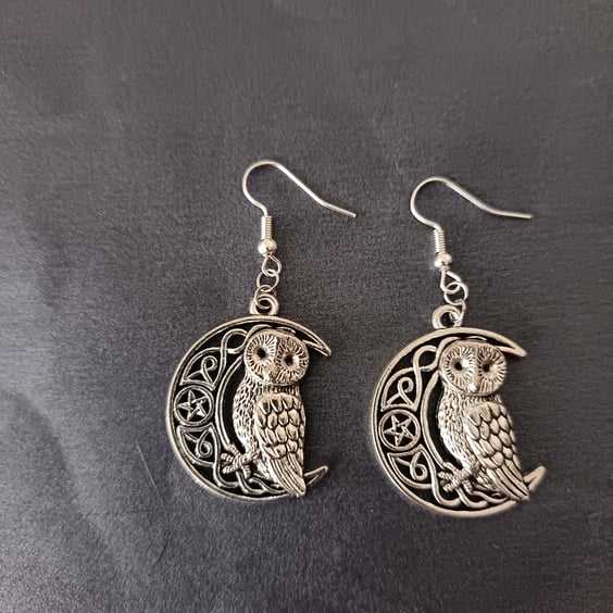 Silver owl and moon charm dangle earrings