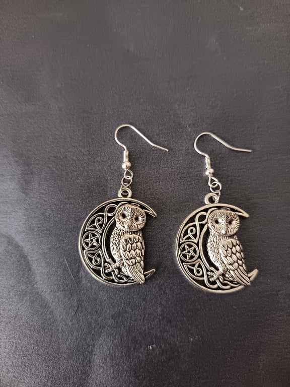 Silver owl and moon charm dangle earrings