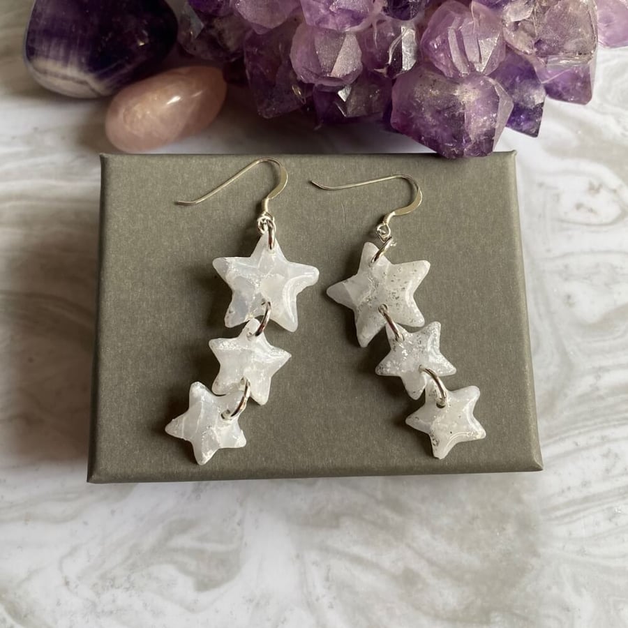 Star statement triple dangle earrings polymer clay and resin on sterling silver