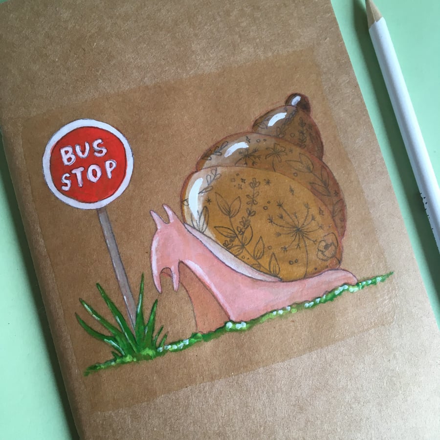 Snail at the bus stop, notebook sketchbook hand painted 
