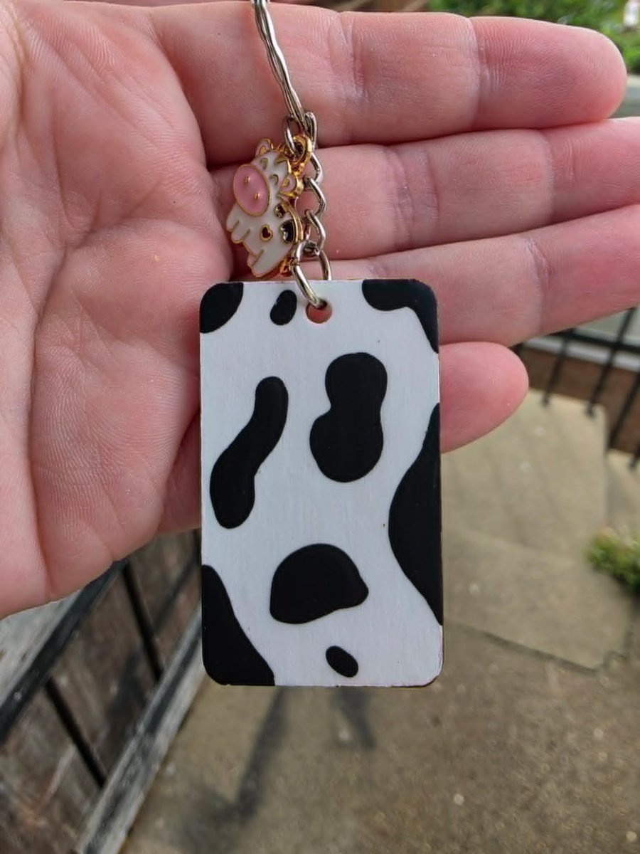 Cute Cow Print Handmade Wooden Keyring with Cow Charm