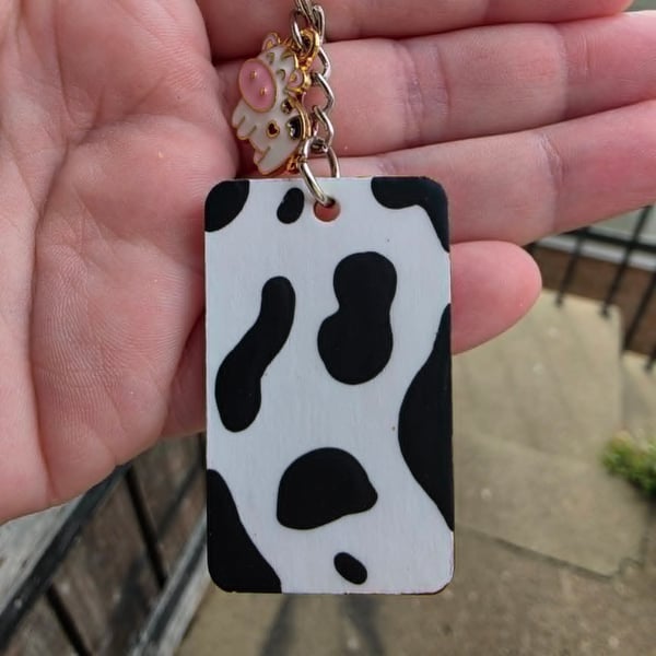 Cute Cow Print Handmade Wooden Keyring with Cow Charm