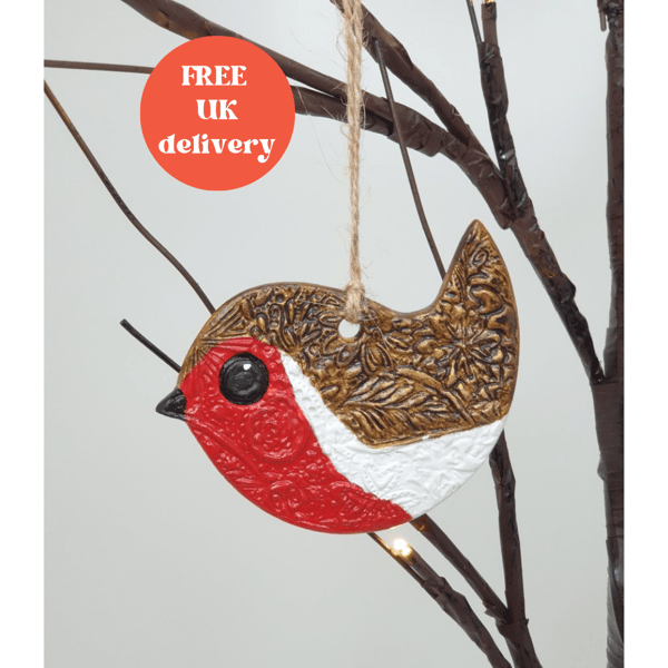 Robin decoration, Christmas hanging decoration made of clay, bird lover gift