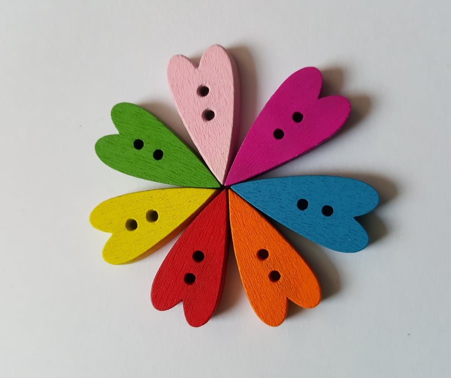 30 x 2-Hole Painted Wooden Buttons - 21mm - Heart - Mixed Colour 
