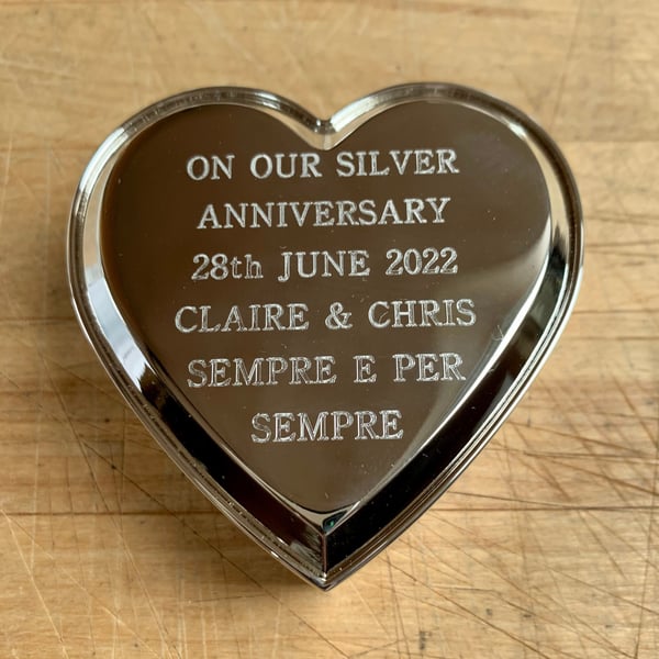 Personalised Professionally Engraved Heart Shaped Silver Plated Trinket Box