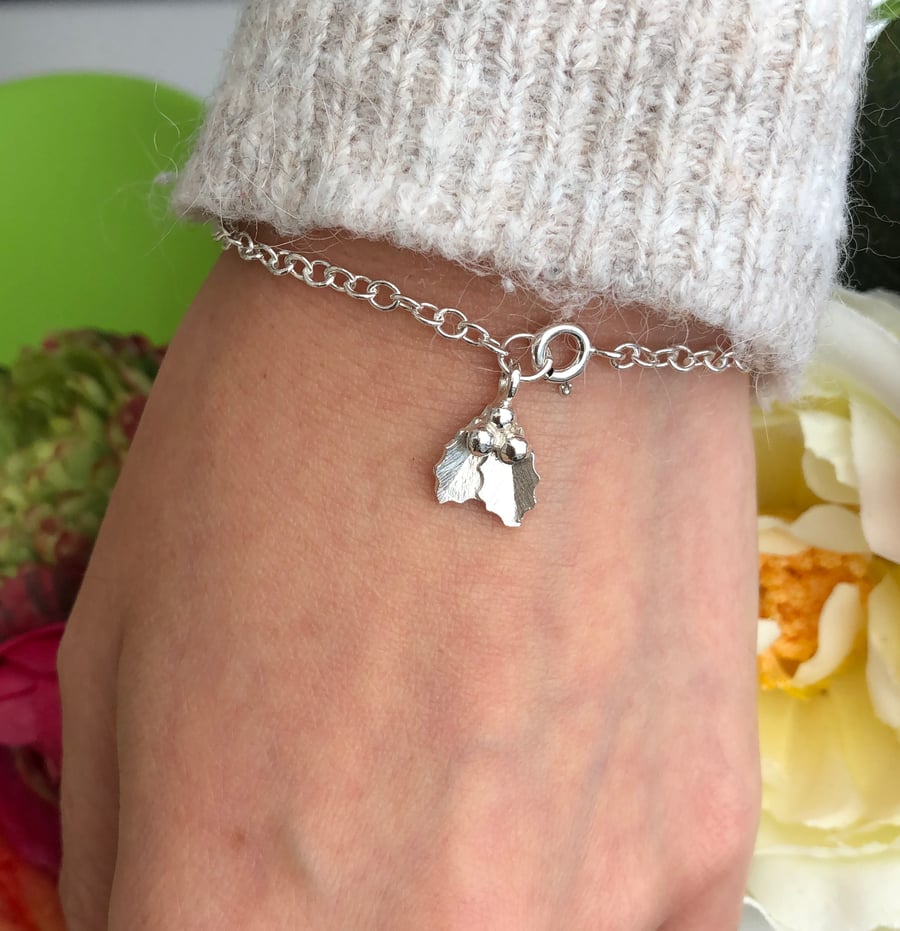 Small Holly Bracelet, Sterling Silver Christmas Jewellery, Birthday gift