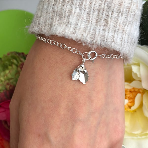 Small Holly Bracelet, Sterling Silver Christmas Jewellery, Birthday gift
