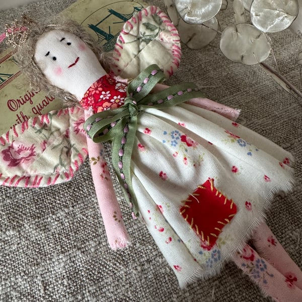 Handmade Cloth Doll With Vintage Wings 