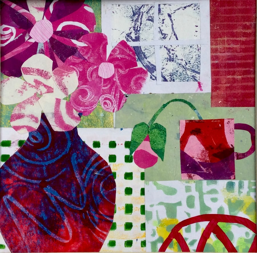 Original art collage entitled Red and Blue Jug and Flowers