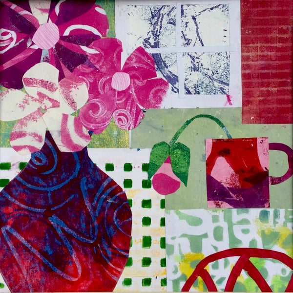 Original art collage entitled Red and Blue Jug and Flowers